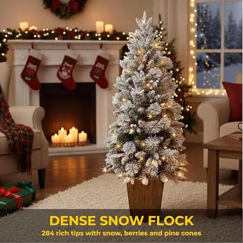 Shatchi 1.2m Pre-Lit Snow Flocked Potted Christmas Tree with 80 Warm White LED Lights, Pine Cones and Red Berries in White and Red – 4