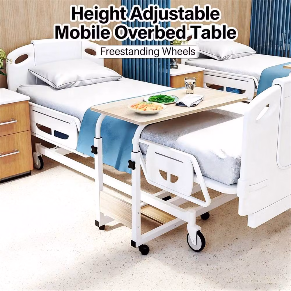 Nordara Height Adjustable Rolling Overbed Desk with Tiltable Top and Castors in Brown – 5