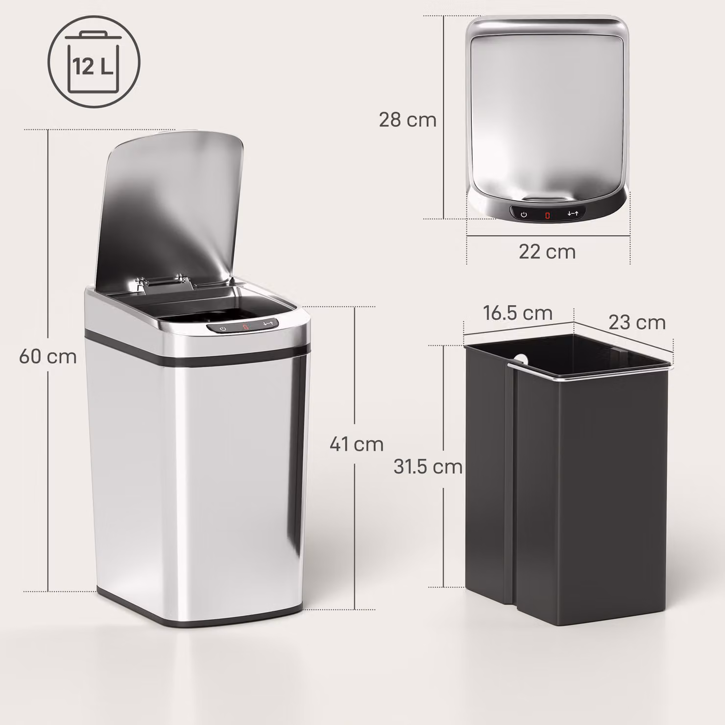 HOMCOM 12L Automatic Motion Sensor Kitchen Bin in Fingerprint Resistant Silver Stainless Steel – 3