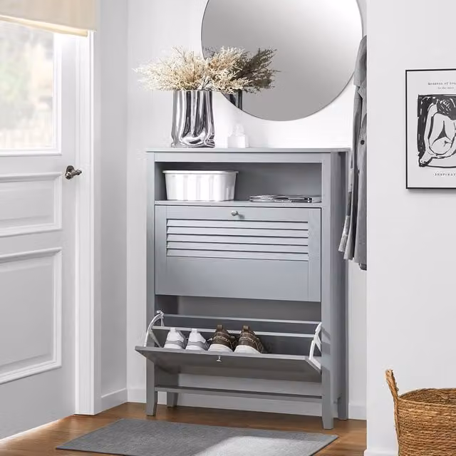 SoBuy Modern Grey Hallway Shoe Cabinet with Tilting Compartments and Internal Shelves