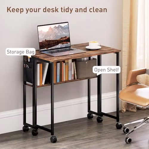 HOMCOM Folding Writing Desk with Storage Shelf and Bag in Rustic Brown – 4