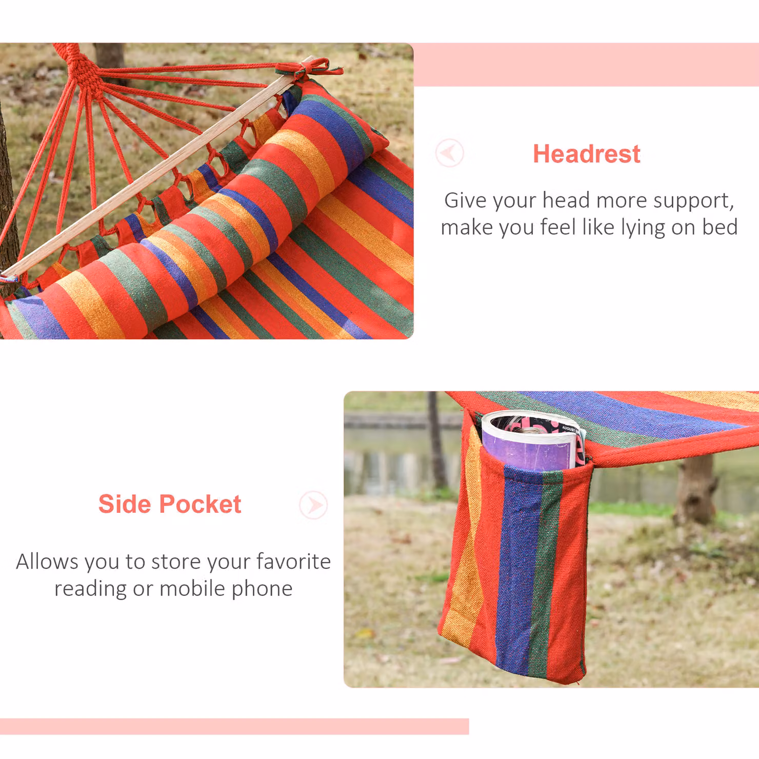 Outsunny Multicolour Striped Cotton Hammock Swing with Adjustable Headrest and Side Pocket, W/L: 270 x 80 cm – 5
