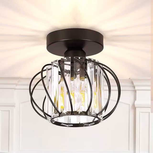 Giggi Modern Round K9 Crystal Semi Flush Ceiling Light in Black and Gold/Brass