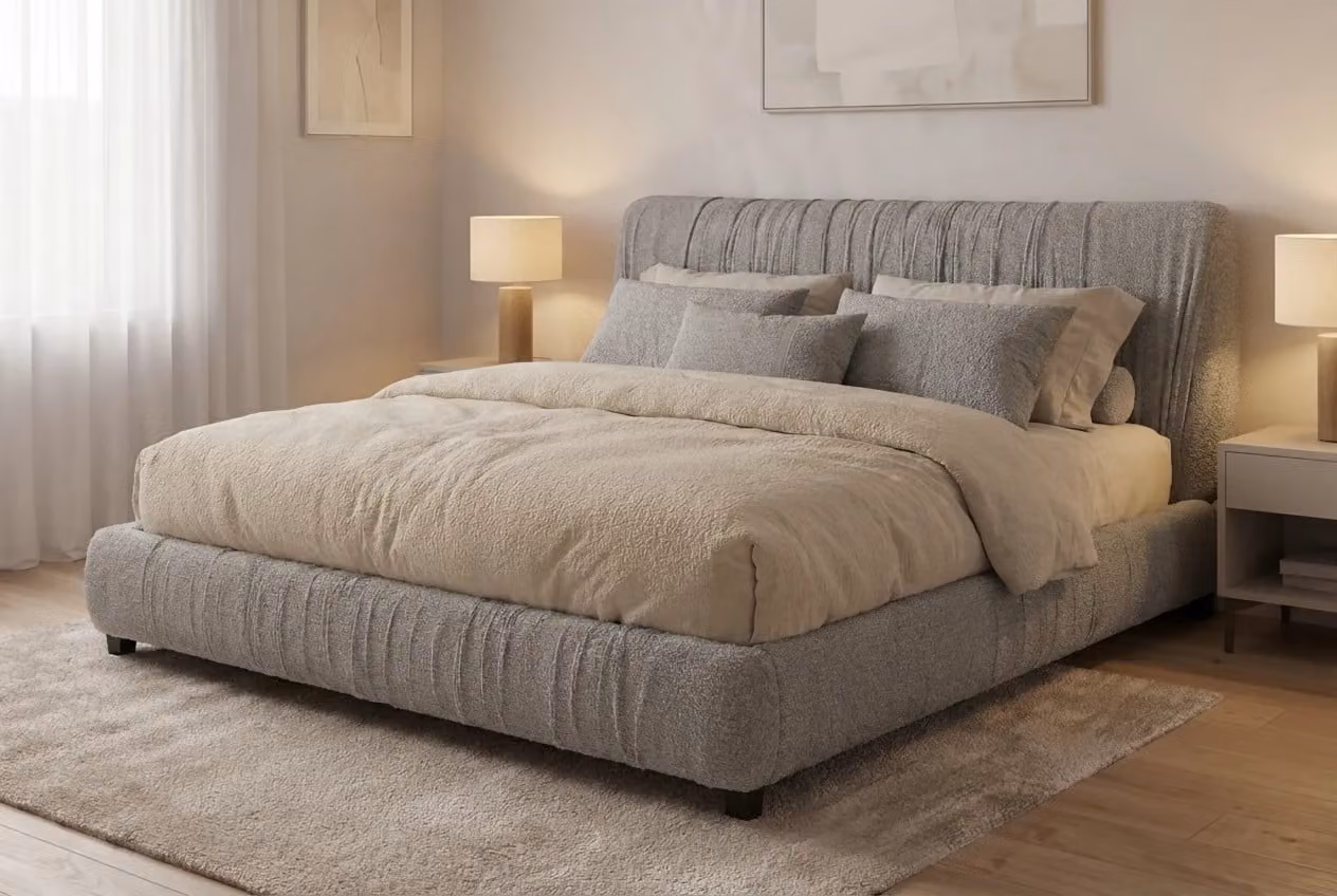 Araco Atelier Axis Bed Mistral Upholstered Modern Bed in Beige and Grey