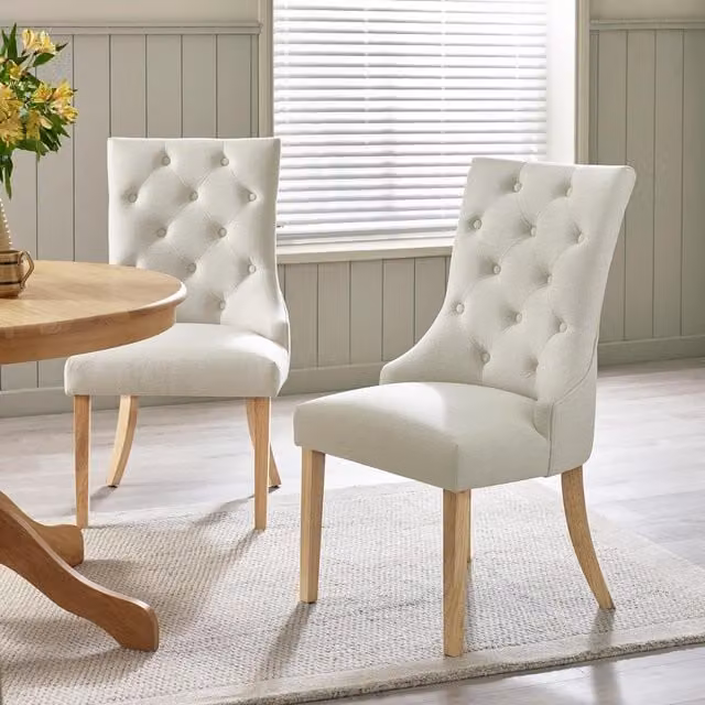 FurnitureboxUK Set of 2 Belgravia Beige Fabric Dining Chairs with Oak Effect Wood Legs