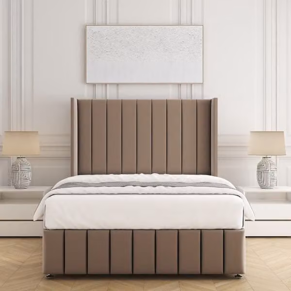 BSSPOKE Zoe Plush Velvet Divan Bed Set with 54 inch Headboard and Mattress in Bronze, Small Double, W/D/H: 137.16 x 120 x 200 cm