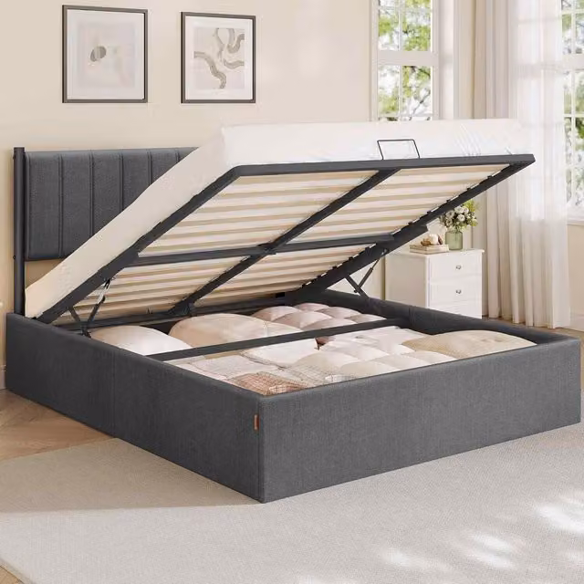 The Bazaarist King Ottoman Bed Frame with Lift Up Storage in Grey