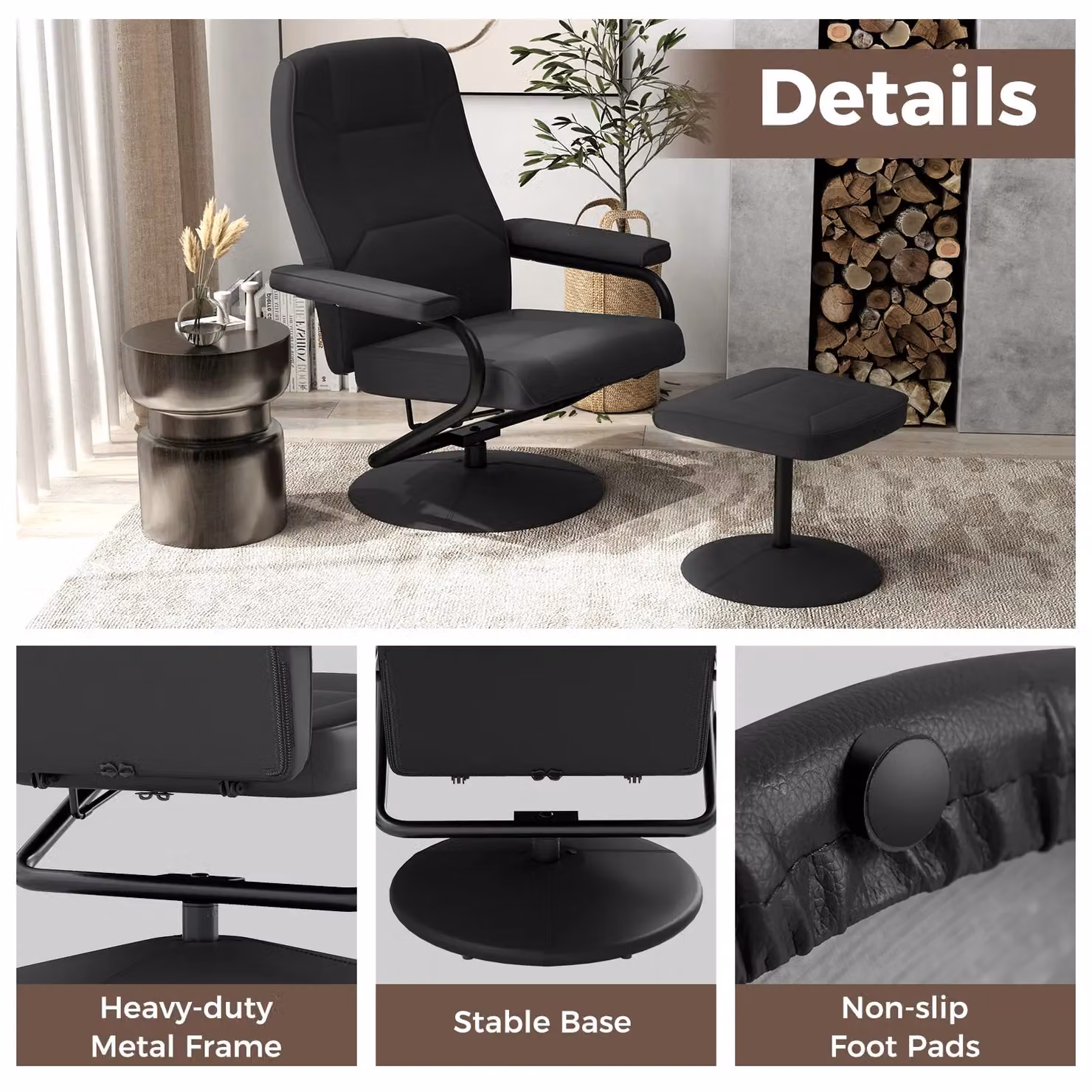Costway 360 Degree Swivel Reclining Chair with Adjustable Backrest and Ottoman in Black Synthetic Leather – 5