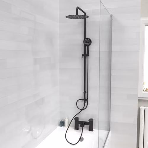 Nes Home Round Riser Rail Shower Kit with Bath Filler Tap and Handset in Matte Black