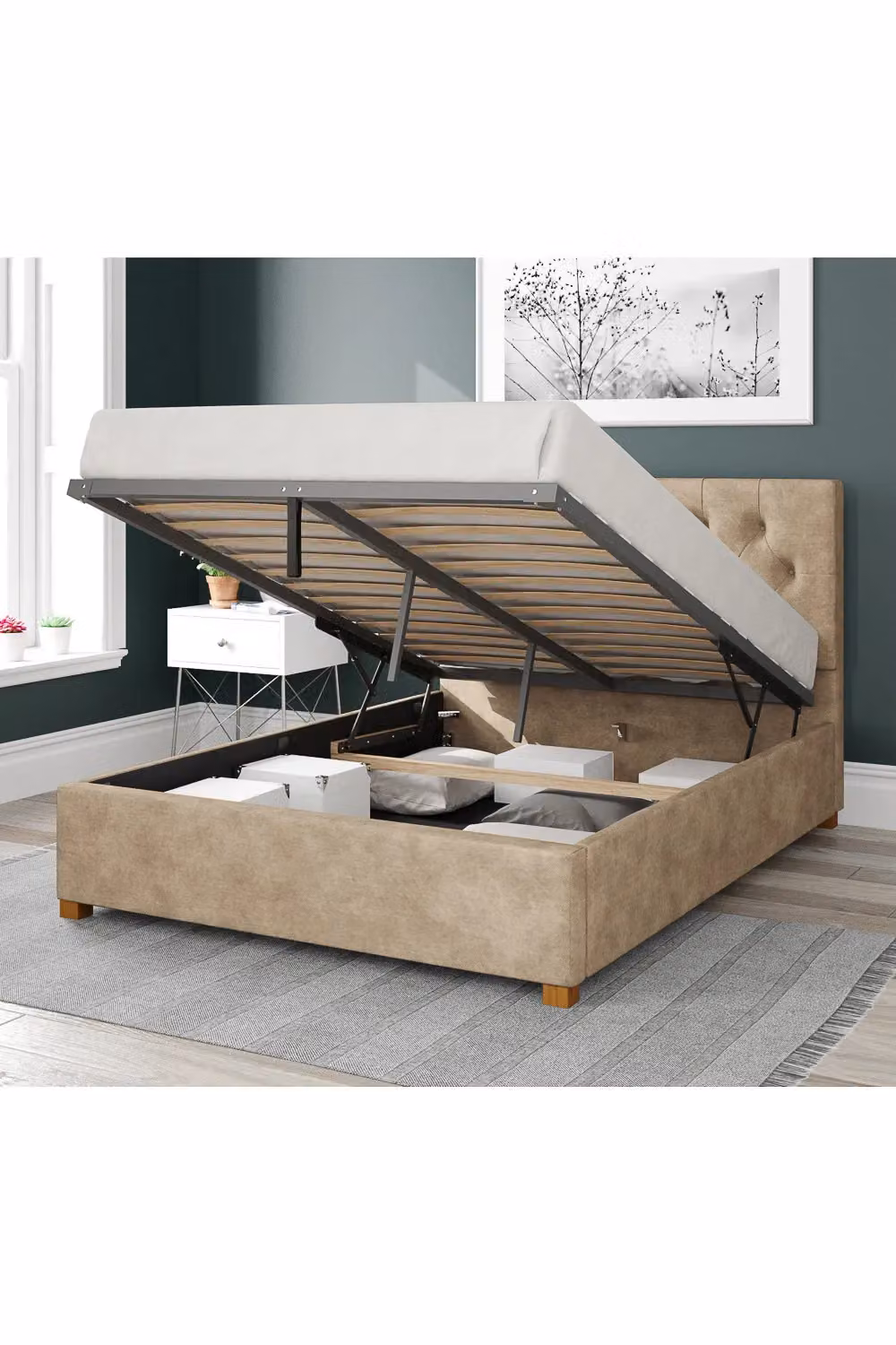 Aspire Olivier Upholstered Chesterfield Ottoman Storage Bed in Beige Linen Fabric, W/D/H: 180 x 200 cm – 2