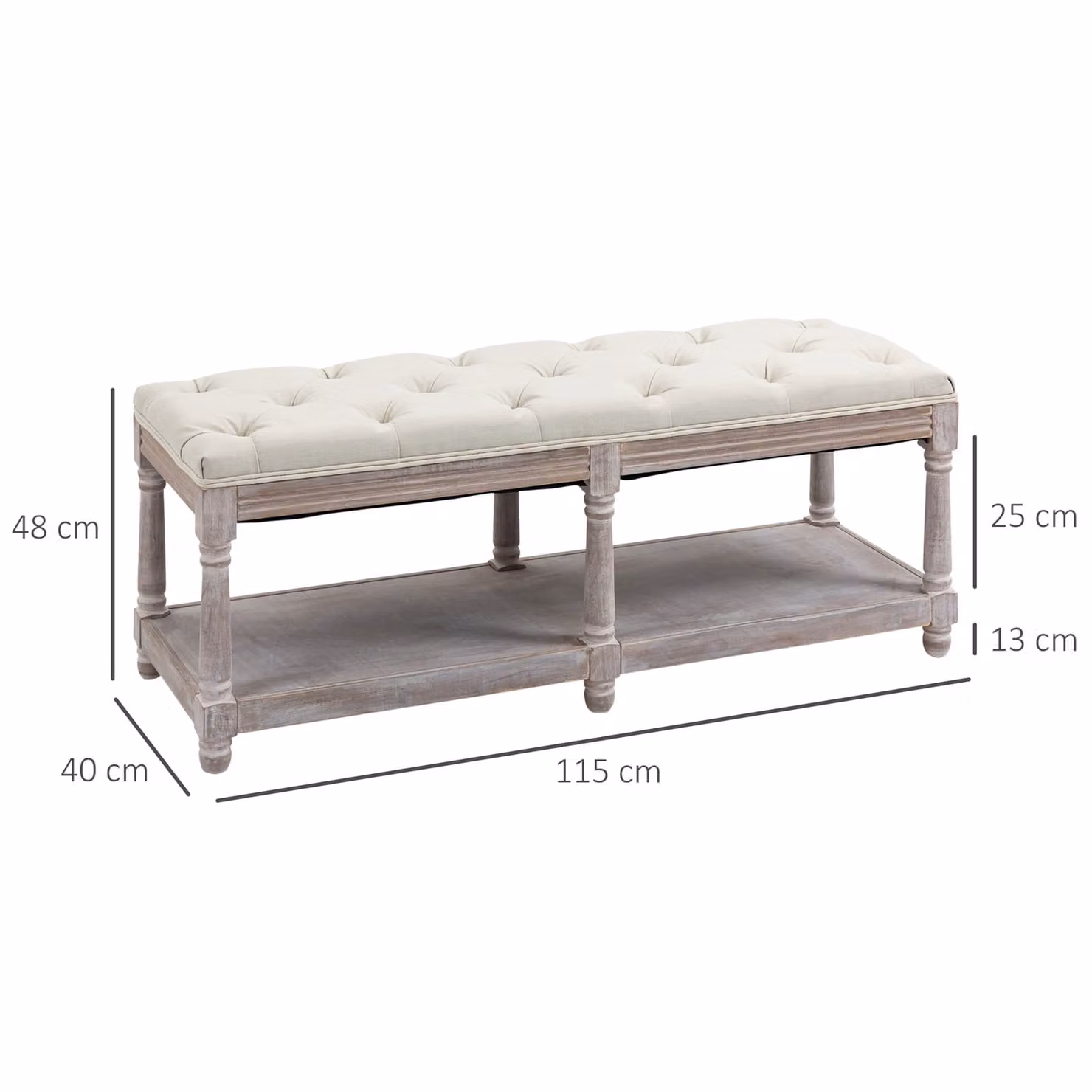 HOMCOM 2-Tier Vintage Bed End Bench with Storage Shelf and Button Tufted Upholstered Footstool, Cream White, W: 120 cm, D: 40 cm, H: 48 cm – 3