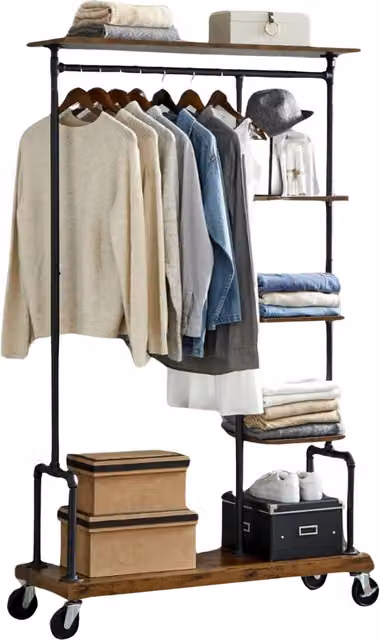 Pirlo Plush Industrial Clothes Rail in Brown with Metal and Wood Construction