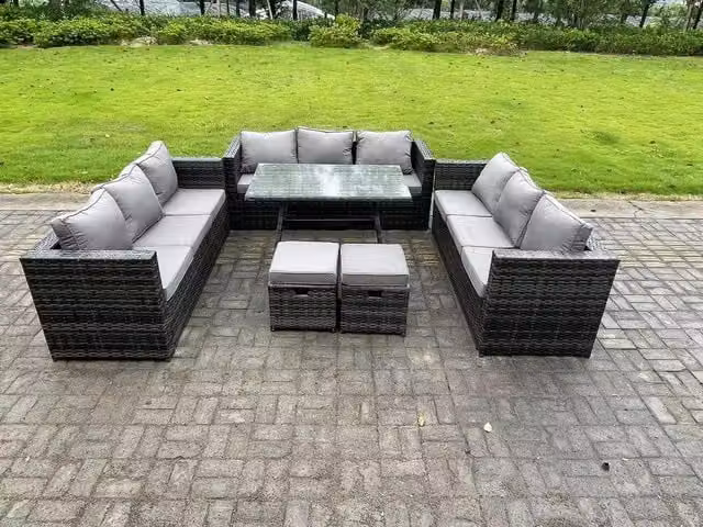 Fimous 11 Seater Rattan Outdoor Garden Dining Set with Patio Table and 2 Small Footstools in Dark Grey