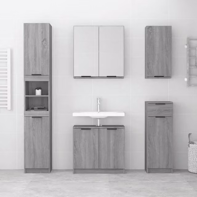Berkfield Home 5 Piece Modern Grey Bathroom Cabinet Set with LED Lighting and Glass Doors