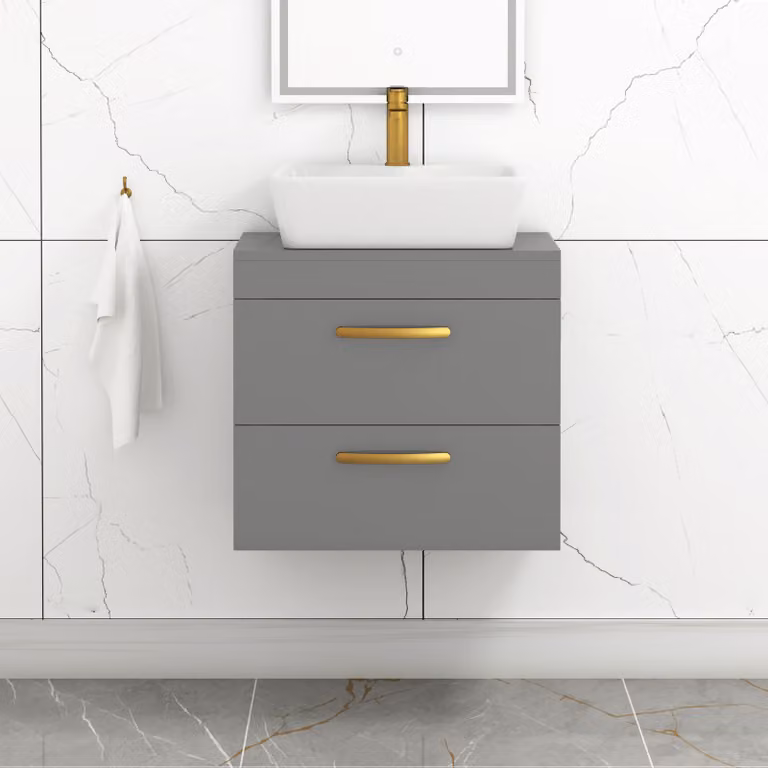 Royal Bathrooms 600mm Wall Hung Vanity Unit with 2 Drawers in Indigo Grey Gloss and Cube Countertop Basin with Brushed Brass Handle