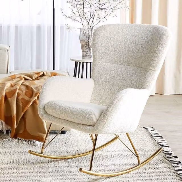 Wyld and Coco White Bouclé Rocking Armchair with Gold Metal Legs