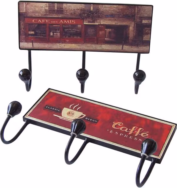 Orsina Wall-Mounted 3-Hook Wooden Rack with Assorted Café Designs in Multicolour and Black