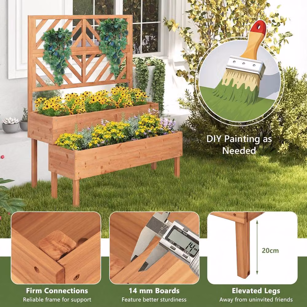 Costway 2-Tier Wooden Raised Garden Bed with Trellis in Orange – 5