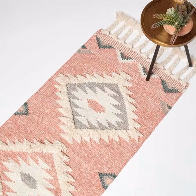 Homescapes Pali Pink Kilim Wool and Cotton Rug, Width: 200 cm