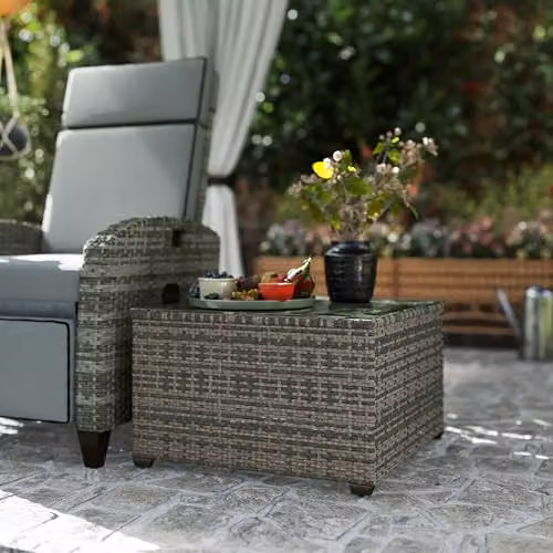 Outsunny Outdoor Coffee Table with Glass Top in Grey Rattan, W/D/H: 62 x 62 x 38 cm – 4