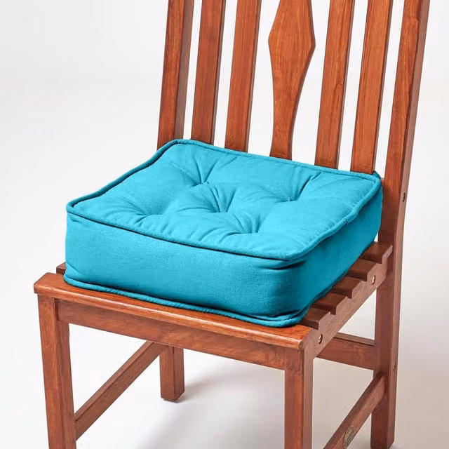 Homescapes Petrol Cotton and Faux Leather Square Dining Chair Booster Cushion