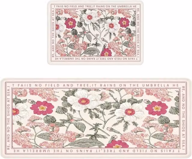 FLAVORA XL Retro Floral Floor Mat, Multicolour Pink and White, W: 100 cm x D: 100 cm