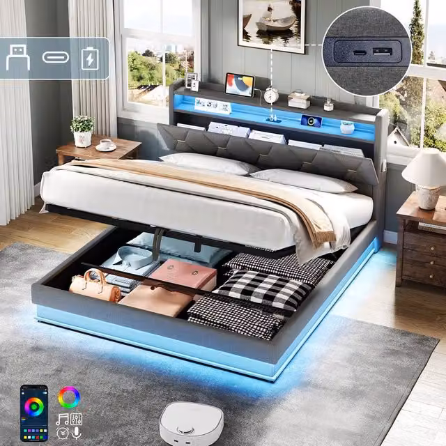 Rolipo Double Upholstered Bed Frame in Grey with Hydraulic Storage, LED Lighting and USB Charging Port – 1