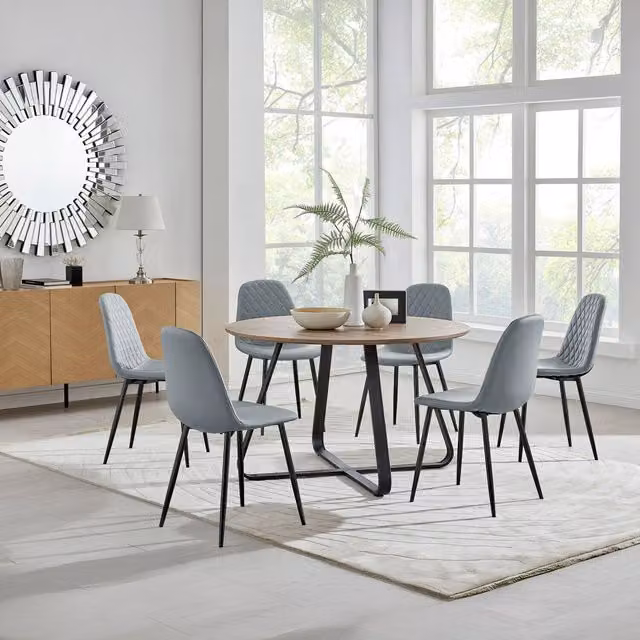 FurnitureboxUK Santorini Brown Round Dining Table and 6 Corona Black Leg Chairs in Grey, W: 120 cm