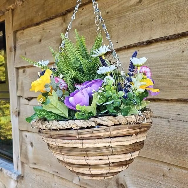 Best Artificial Mixed Meadow Flowers in a Yellow Rattan Hanging Basket, Diameter: 25.4 cm