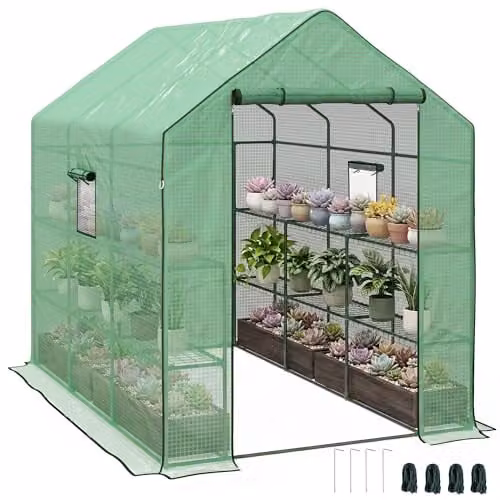 Outsunny Walk-in Greenhouse with Shelving in Green, W/D/H: 140 x 213 x 190 cm – 1