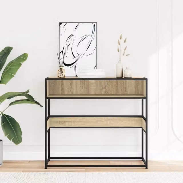 Berkfield Home Decorative Console Table in Sonoma Oak and Beige, W/D/H: 90 x 35 x 80 cm
