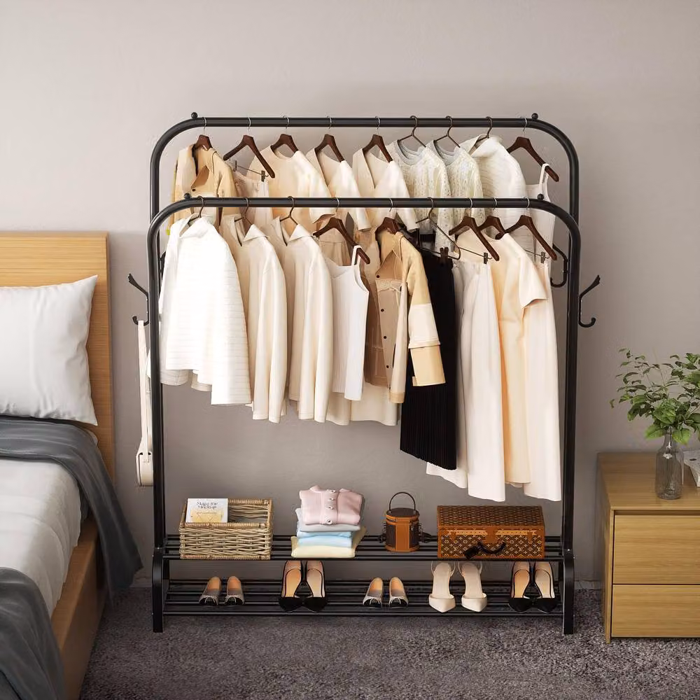 Dprodo Black Glossy Metal Freestanding Garment Rack with Dual Hook and Rail Matrix, H 145 cm x W 110 cm x D 33 cm – 5