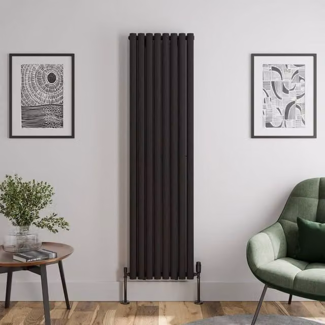 Temprazo Oval Tube Double Panel Vertical Designer Radiator in Black, H 180 x W 48 cm