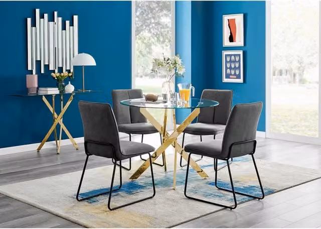 FurnitureboxUK Novara Gold Leg Round Glass Dining Table and 4 Halle Chairs in Dark Grey