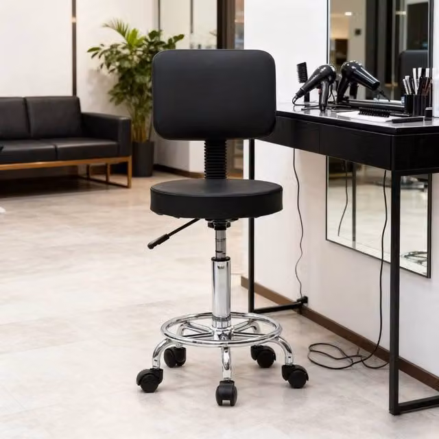 EONLION Black Rotating Adjustable Stool with Backrest and Castors – 1