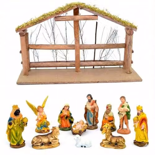 Shatchi Large Handmade Nativity Scene with Wooden Stable and 12-Piece Figurine Set in Brown and Multicolour