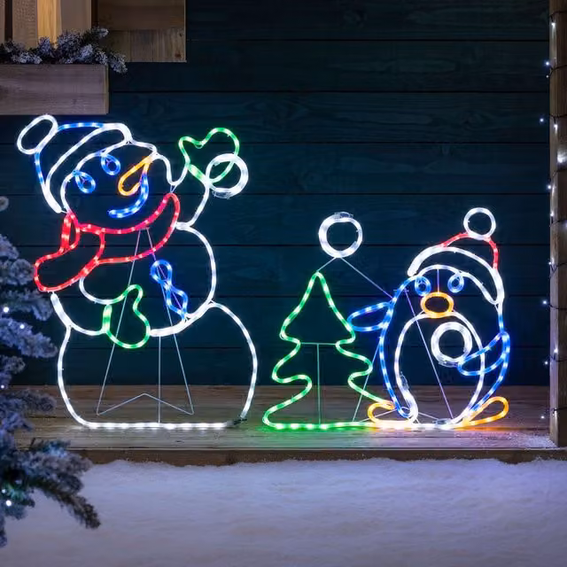 Christow Animated LED Snowman and Penguin Christmas Light Decoration, Multicolour, W: 87 cm, H: 135 cm – 1