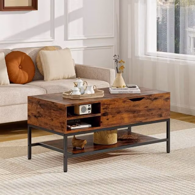 Costway Industrial Lift Top Coffee Table with Storage Shelf in Brown – 1