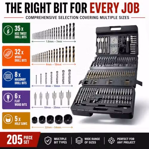 Lumberjack 205 Piece HSS Drill and Screwdriver Bit Set with Case, Black – 3