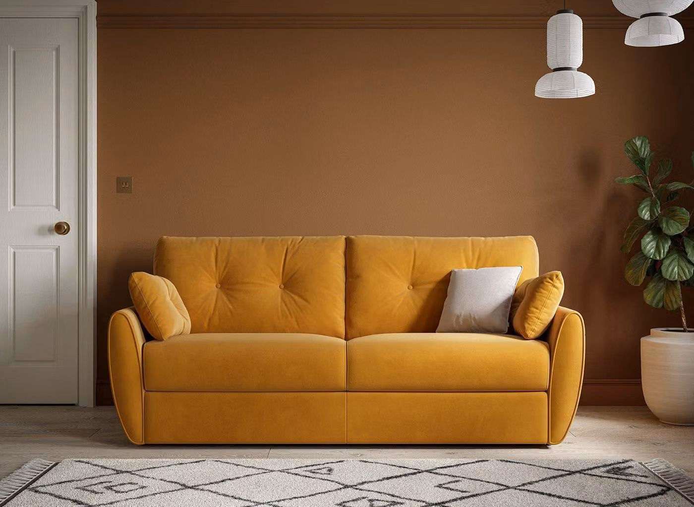 Dreams Vicenza 3-Seater Pull-Out Sofa Bed in Yellow Velvet with Scatter Cushions