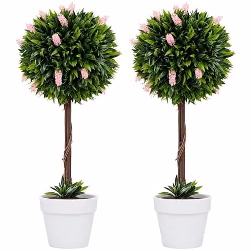 HOMCOM Set of 2 Pink and Green Artificial Floral Ball Trees, Height: 60 cm
