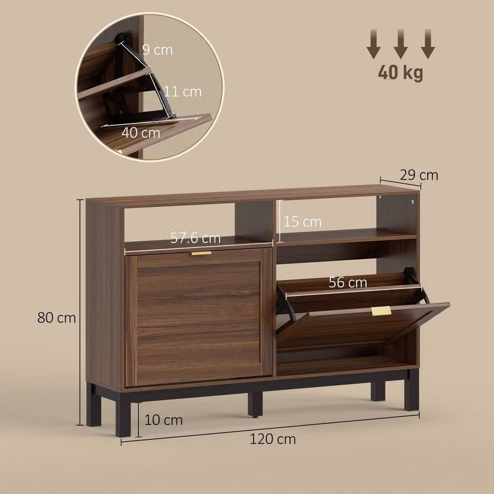 Havendro Modern Brown Narrow Shoe Cabinet with 2 Tilting Compartments and Open Shelf – 2