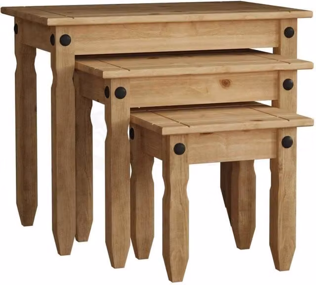 Havendro Nest of 3 Tables in Solid Pine Wood with a Brown Waxed Rustic Finish