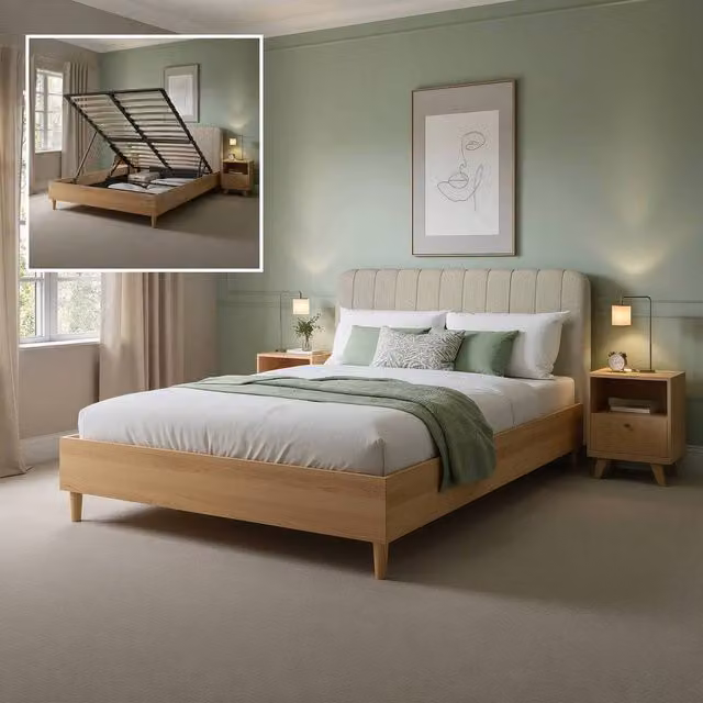 X Rocker Cooper Mixed Material Shadow Ottoman Bed, King Size, Medium Beige with Oak and Natural Wood Details – 1