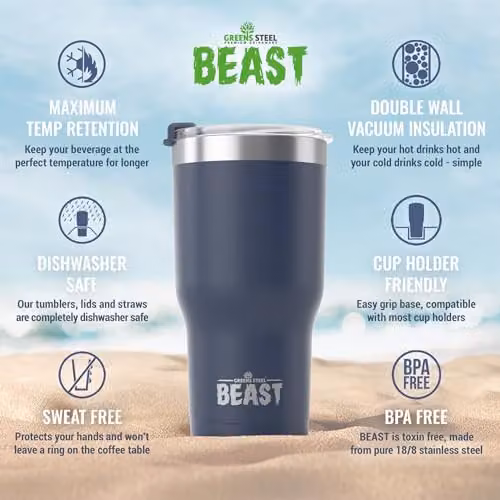 Greens Steel Beast Tumbler in Blue, 900 ml, Vacuum Insulated Stainless Steel Travel Mug with Lid and Straws – 5