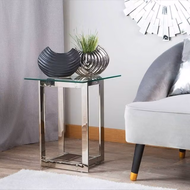 Wyld and Coco Square Tempered Glass Coffee Table with Polished Silver Stainless Steel Base