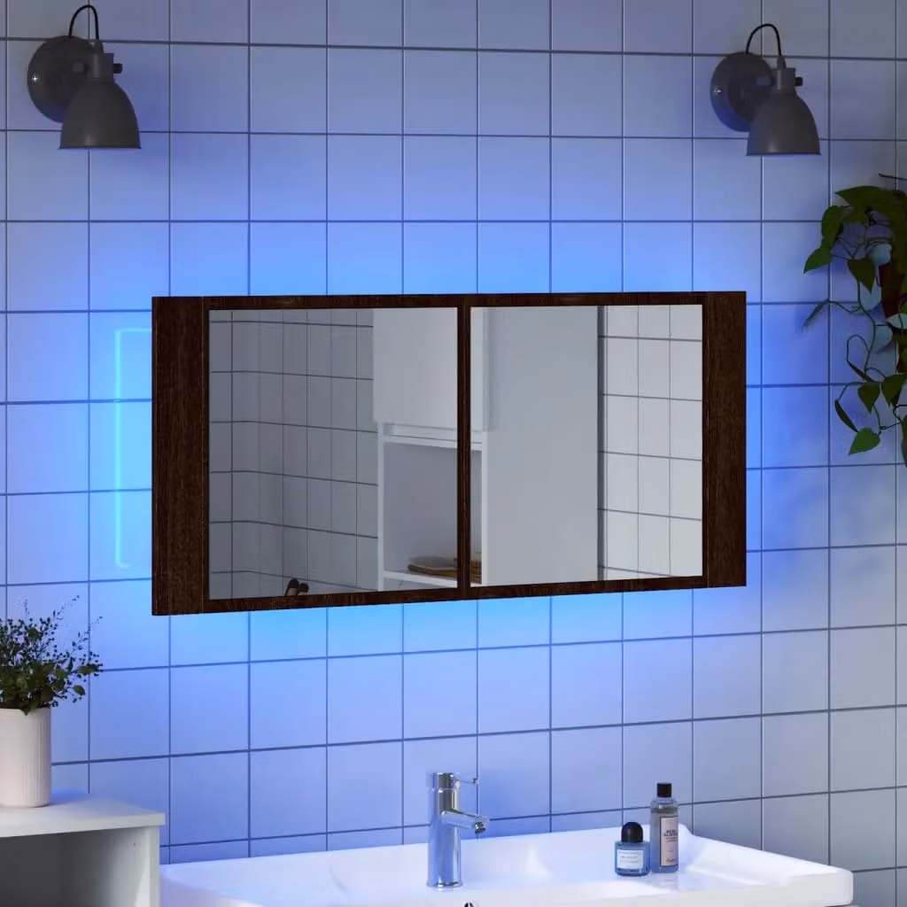 Berkfield Home LED Bathroom Mirror Cabinet in Brown Oak, W/D/H: 100 x 12 x 45 cm – 3