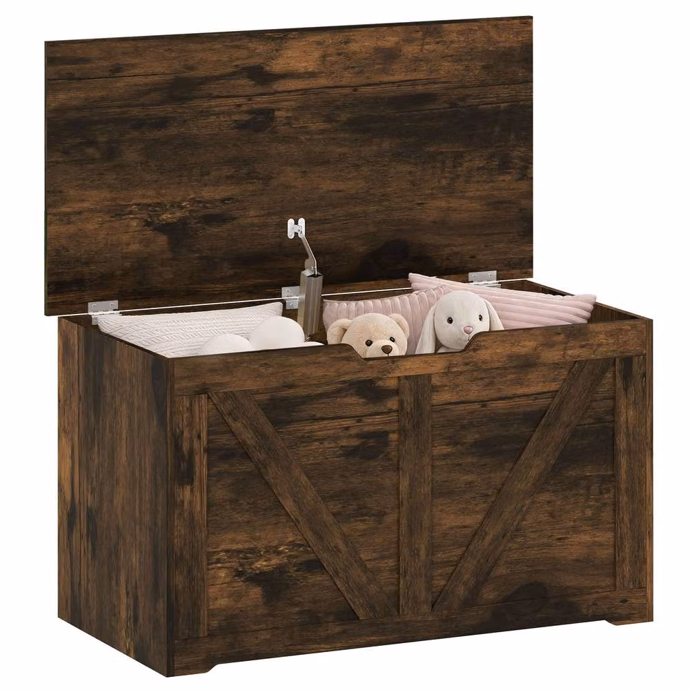 HOMCOM Rustic Brown Storage Trunk for your Living Room with Safety Hinge – 2