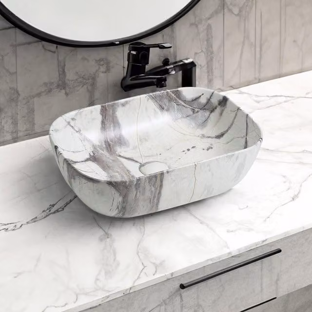 Limoge 7840 Ceramic Oblong Countertop Basin in White Marble Effect, W: 45 cm, D: 32 cm, H: 13 cm – 1