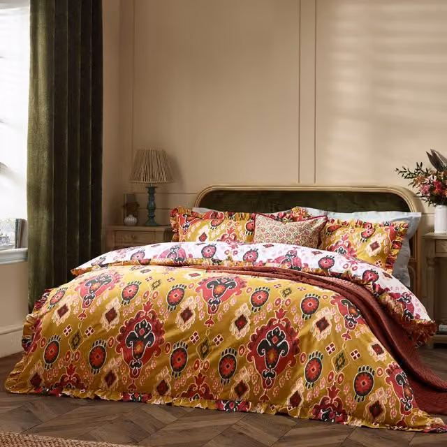 Paoletti Dawson Reversible Ikat Cotton Duvet Cover Set in Amber and Orange, W: 230 cm x L: 220 cm – 1